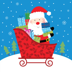 Sticker - santa claus with christmas sleigh and christmas gifts