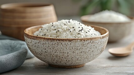 Wall Mural - White Rice with Black Sesame Seeds in a Bowl.