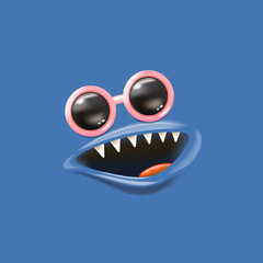 Wall Mural - Vector Cartoon monster face with sunglasses, open mouth, fangs isolated on blue background. Funny and cute Halloween Monster open mouth with big vampire fangs. Bizarre face