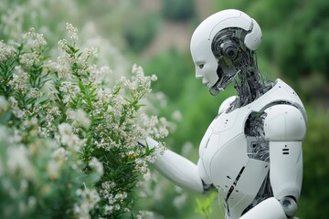 Wall Mural - Humanoid robot gently inspecting a blooming bush reflecting the careful balance between technology and nature in modern agriculture