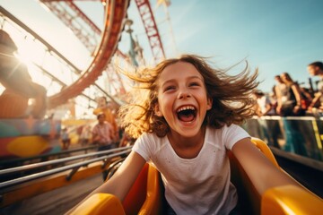 Wall Mural - Girl having fun carnival day roller coaster.