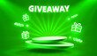 © hobbitfoot - Giveaway neon podium, shop mega discount, special promo frame. Vector illustration