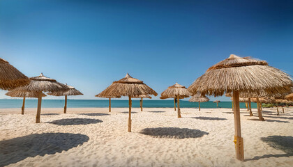 Wall Mural - Row of thatched umbrellas on pristine white sandy beach, turquoise water and clear blue sky