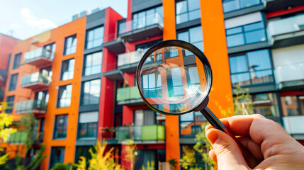 Wall Mural - Magnifying glass in front of new colorful apartment building. Concept of search, rent and purchase real estate. Spy is spying on the privacy