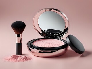 Open compact powder with a makeup brush and spilled powder.