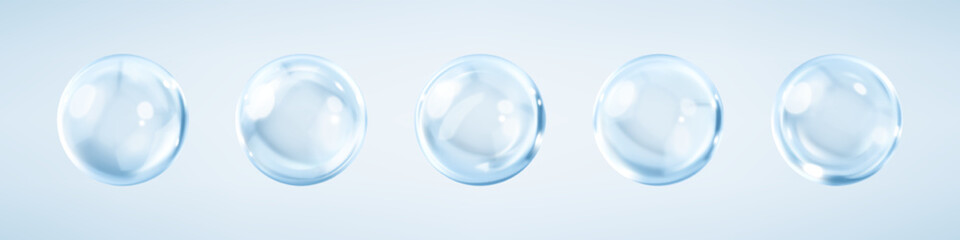 Collagen serum or cosmetic essence drops. Collagen serum bubbles. Concept skincare cosmetics solution. Vector 3d illustration