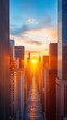 © Exnoi - An epic establishing shot of towering skyscrapers in a bustling city skyline, with the sun setting behind the buildings