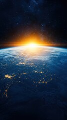 Wall Mural - an earth from space view, with a sunrise over the horizon, symbolizing new beginnings and global uni
