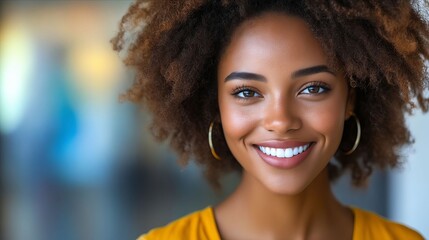 Wall Mural - A woman with an afro smiles at the camera