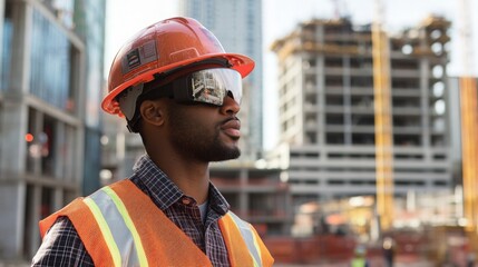 Poster - A construction worker in a hard hat and reflective vest closely monitors ongoing work at a construction site.