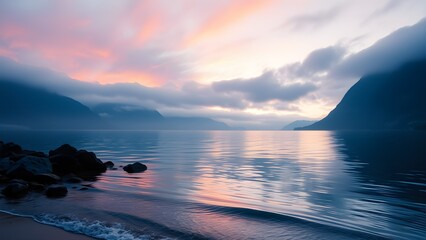 Poster - calm waters at a fjord with misty mountains in the background