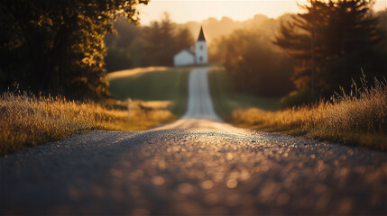 Wall Mural - There is a long road and you can see a small church at the end. The path of the cross, the path of heaven