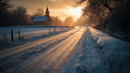 Wall Mural - There is a long road and you can see a small church at the end. The path of the cross, the path of heaven