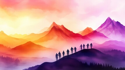 Canvas Print - A group of people standing on top a mountain with colorful mountains in the background, AI