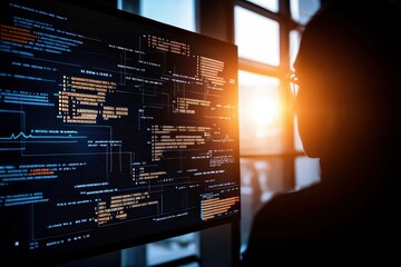 silhouette of a programmer analyzing code on a screen with sunset lighting, representing technology 