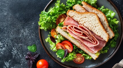 A delectable ham sandwich with fresh salad and tomatoes, artfully placed on a plate. Shot from above, this image captures the essence of a classic, wholesome meal.