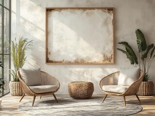 scandinavian living room two elegant armchairs face oversized art print on white wall natural light floods minimalist space highlighting clean lines and neutral palette