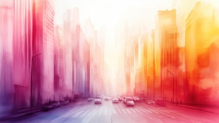 Canvas Print - A painting of a city street with cars driving down it, AI