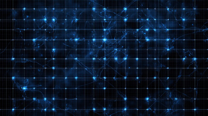 Wall Mural - Dark Blue Digital Grid Pattern on Black Background - Glowing Lines and Dots, Futuristic High-Tech Design, Modern Tech Grid, Sci-Fi Digital Network, Dynamic Tech Visual