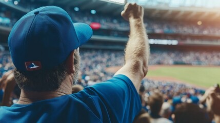 A baseball fan raises his arm in excitement amidst a crowd of cheering spectators at a bustling stadium.