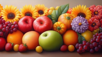 Poster - A painting of a group of fruit and flowers on the table, AI