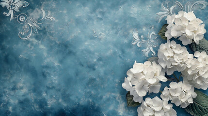 a blue and white stucco texture as the background. Incorporate elegant white hydrangea flowers and decorative elements