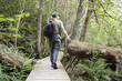 © vaitekune - Woman walking on wooden plank path by the lake. Woman hiking in forest near lake in Norway, Oslo.