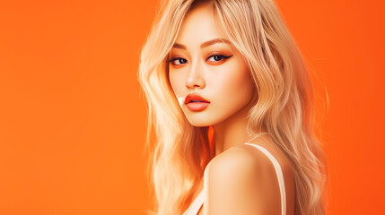 Portrait of a beautiful, sexy, smiling, happy blonde Asian woman with perfect skin, orange background, banner.