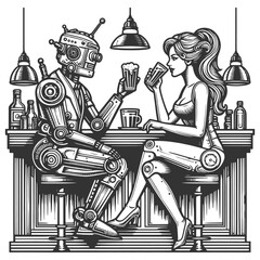 Wall Mural - robots enjoying beers at a bar, capturing a whimsical and nostalgic vibe sketch engraving generative ai fictional character vector illustration. Scratch board imitation. Black and white image.