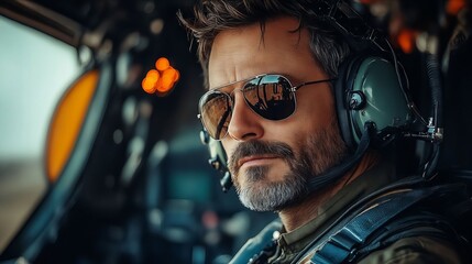 Sticker - A man wearing sunglasses sitting in the cockpit of a helicopter