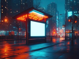 Canvas Print - sleek digital billboard in urban night scene illuminated bus stop empty white screen reflecting city lights modern advertising mockup