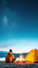 Wall Mural - a traveler sitting by a campfire under a starlit sky in a remote wilderness, with a tent set up near
