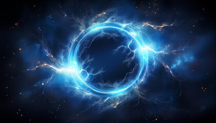 Wall Mural - abstract blue lightning circle on dark backdrop. mysterious shape.