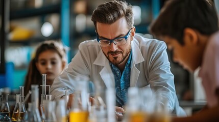 A scientist demonstrates experiments to a group of children, fostering curiosity and excitement about science and learning.