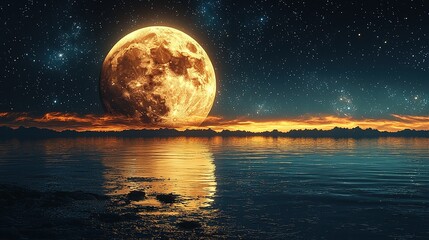 a full moon and the water with the moon in the background
