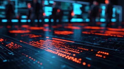 Close-up of digital data on a futuristic screen in a tech environment symbolizing cybersecurity and data analysis