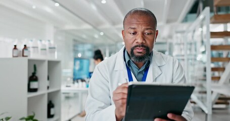 Wall Mural - scientist, mature and black man with tablet for thinking or writing review, medical research and exp