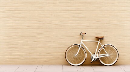 Sticker - A white bicycle leaning against a tan wall with brown trim, AI