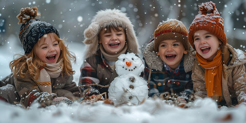 a group of children lying in the snow with a snowperson