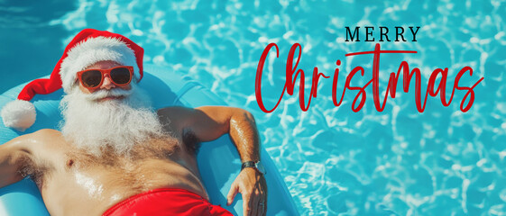 Wall Mural - Merry Christmas holiday vacation winter greeting card concept, - Cool hipster Santa Claus with sunglasses lying and relaxing on air mattress in swimming pool