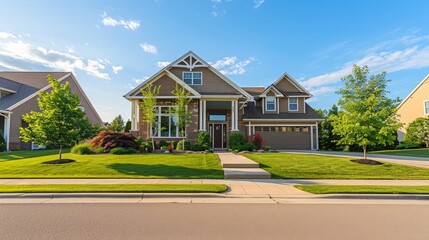 Wall Mural - Generate an image of a suburban home exterior with a well-kept lawn, driveway, and welcoming entryway, highlighting everyday family living.