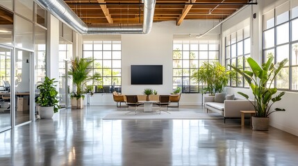 Wall Mural - modern bright office interior, open floor plan, glass partition walls, polished concrete floors, min