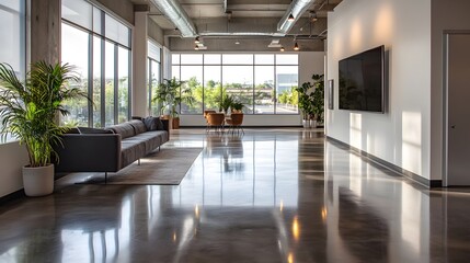 Wall Mural - modern bright office interior, open floor plan, glass partition walls, polished concrete floors, min