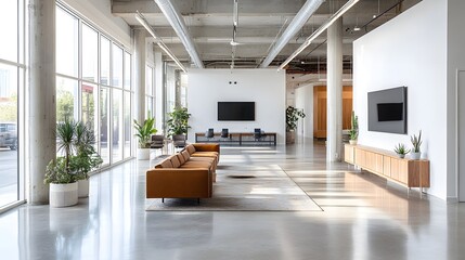 Wall Mural - Modern bright office interior, open floor plan, glass partition walls, polished concrete floors, minimalist furniture, large windows, natural light flooding in, sleek TV on white wall.