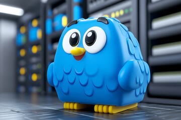 Adorable blue owl robot in a high tech server room symbolizing the integration of AI and robotics in managing modern digital infrastructures with precision and efficiency