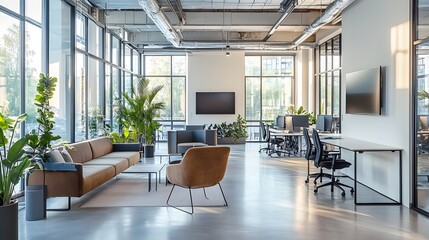 Wall Mural - Modern bright office interior, open floor plan, glass partition walls, polished concrete floors, minimalist furniture, large windows, natural light flooding in, sleek TV on white wall.