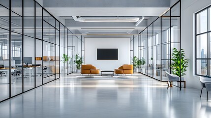 Wall Mural - modern bright office interior, open floor plan, glass partition walls, polished concrete floors, min