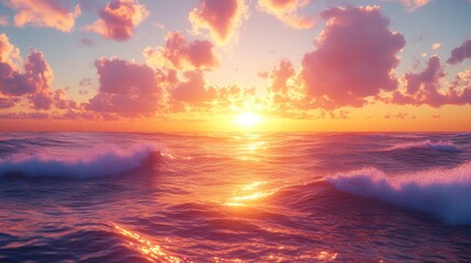 Wall Mural - The sun is setting over the ocean, casting a warm glow on the water