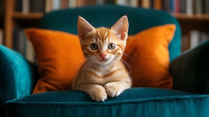 Playful kitten, teal velvet armchair, cozy reading nook, warm ambient lighting, hardwood floor, bookshelf background, orange throw pillow, curious feline expression.