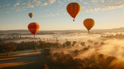 Poster - Hot air balloons drift serenely through the morning sky, offering panoramic views.